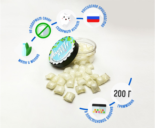 Конфеты без сахара в баночке "Sweetxylit", Молоко и Мята, 200 гр.